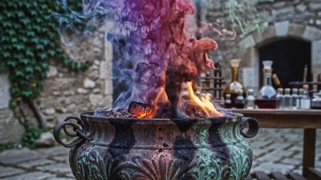 Magical cauldron boiling with colorful purple and red smoke in a medieval courtyard surrounded by alchemy potion bottles