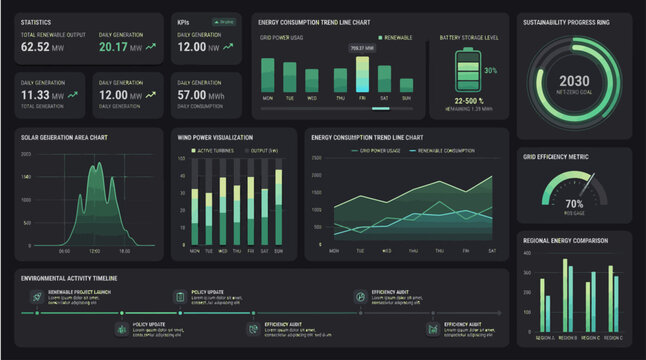 Digital energy management dashboard interface showing consumption metrics and data analytics on a dark screen with circular gauges monitoring power consumption sustainability data various bar charts