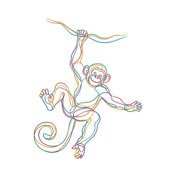 PNG Colorful line art monkey swinging on a rope in playful motion