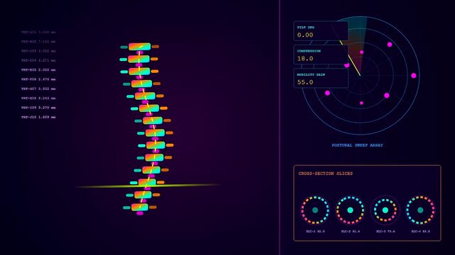 Digital spine health recovery analytics displayed on a dark interface showing vertebral alignment metrics with glowing neon charts for medical monitoring of physical therapy progress sequences