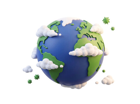 3D render of planet earth with floating clouds and virus particles isolated as a Cutout PNG