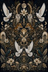 Fototapeta premium Mystical symmetrical woodland collage with owls, deer, foxes, doves, and moon