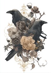 Obraz premium Transparent gothic collage of ravens with vintage flowers