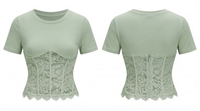 Women's sage green short sleeve t-shirt featuring an elegant lace corset waist overlay, shown in front and back views on a white background
