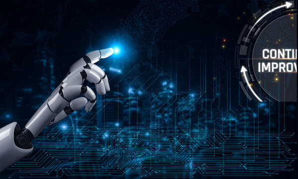 Futuristic Robotic Hand Pointing at a Bright Light in a Technology-Themed Background with Circuit Patterns and Improvement Symbol Sigmoid