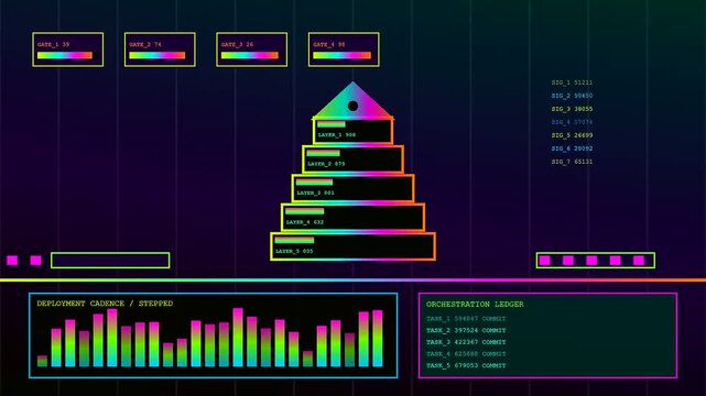 Digital ai integration process displayed through moving geometric pyramids with glowing neon layers and pulsing bar charts on a dark interface grid for data monitoring