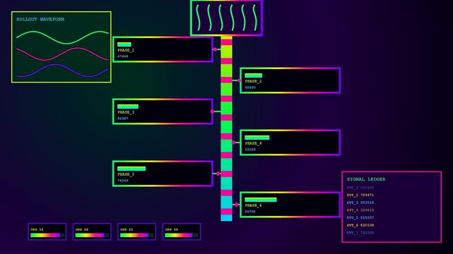 The intricate ai integration process displays vibrant spectral data waveforms and digital status bars moving through a flickering dark interface screen showing complex numerical value streams