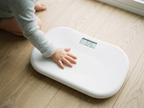 Baby touching digital scale on wooden floor to measure weight in a minimalist room