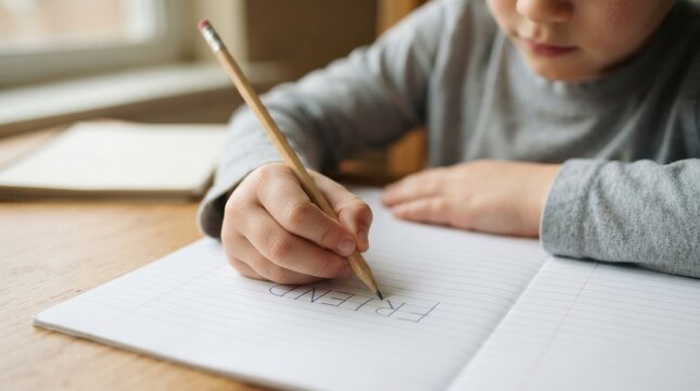 Young boy writing the word friend in a notebook with a pencil at a wooden table
