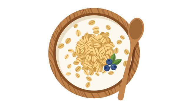 Rolled oats porridge bowl with blueberries and wooden spoon flat vector illustration for healthy breakfast nutrition branding