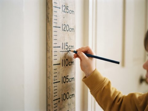 Young Caucasian child measuring height with pencil on a wooden growth chart at home