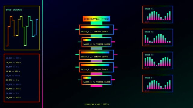 The ai integration process displays vibrant spectral data visualizations on dark monitor displays showcasing rhythmic pulse graphs and complex computational layer modules in motion graphics