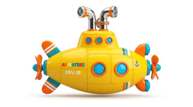 Cute Cartoon Yellow Submarine Isolated on White Background