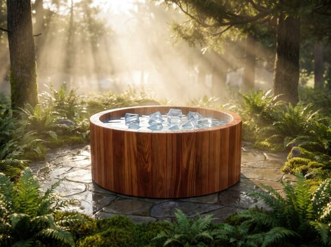 Circular wooden barrel filled with cold ice water sitting in a sunny forest glade surrounded by lush green fern foliage