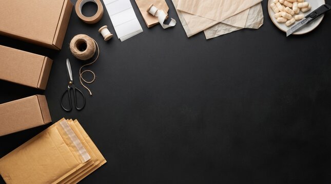 A flat lay of packaging supplies, including cardboard boxes, tape, scissors, twine, and padded envelopes, arranged on a dark, textured surface, ready for shipping.