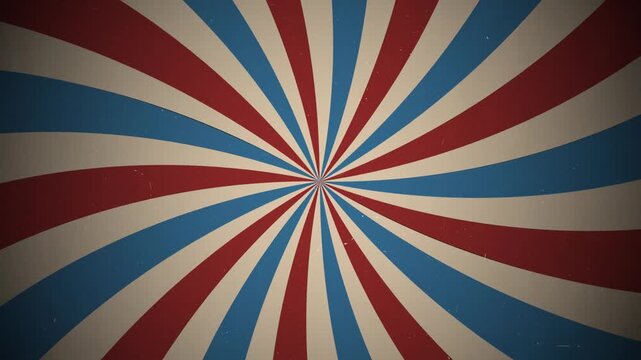 Rotating red, blue and cream spiral tunnel with vintage radial rays and grunge texture, creating a hypnotic retro motion background