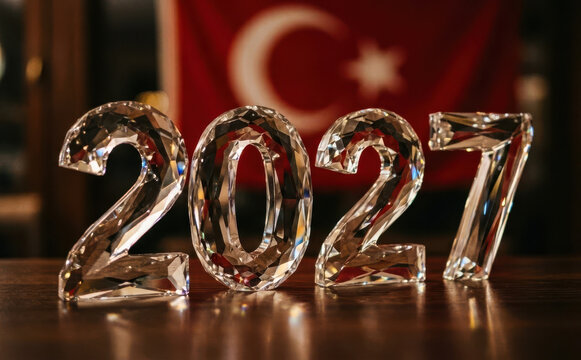 Crystal 2027 numbers on wooden table with Turkey flag in background for New Year concept
