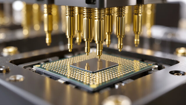 Precision Automated Testing Machine with Gold Probe Pins Inspecting a Microchip Semiconductor on Circuit Board