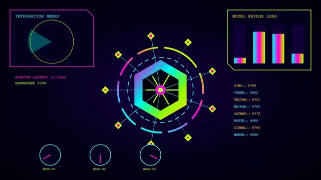 A digital AI integration process showing glowing neon circular diagrams and bar charts flickering on a dark screen representing complex data analysis for modern software systems