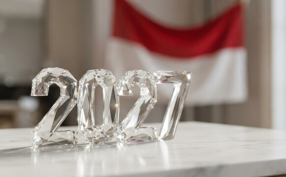 Crystal 2027 numbers on marble table with flag in background representing future year celebration