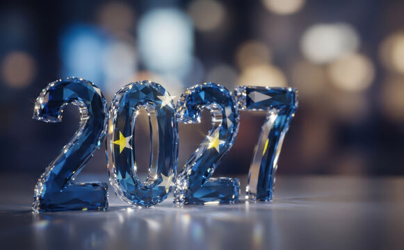 Year 2027 concept with crystal numbers featuring European Union flag colors and stars for future planning