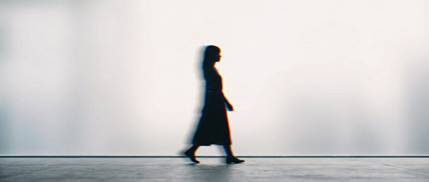 Blurry silhouette of a woman walking against a bright white background