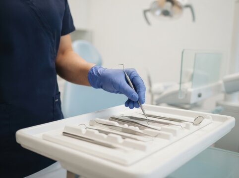 Dentist holding dental tool in clinic, professional oral healthcare and examination procedure