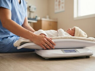 Fototapeta premium Nurse weighing newborn baby boy on digital scale in a pediatrician clinic pediatric healthcare