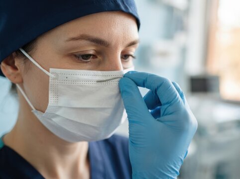 Close-up of a young female nurse adjusting her surgical face mask in a hospital room