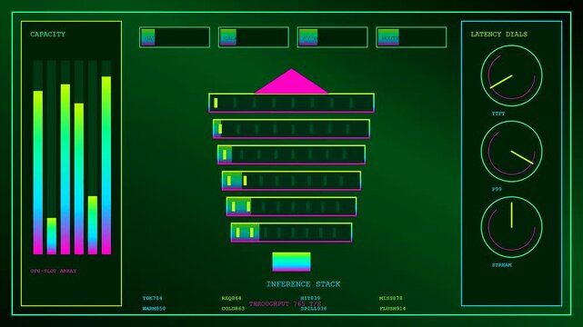 the ai integration process shown via digital interface monitors with flickering neon bars pulsing gradients and circular dials measuring data flow in a dark virtual environment