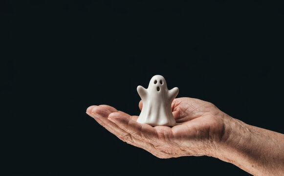 Elderly woman holding a cute little ceramic ghost figurine on black background for Halloween spooky concepts