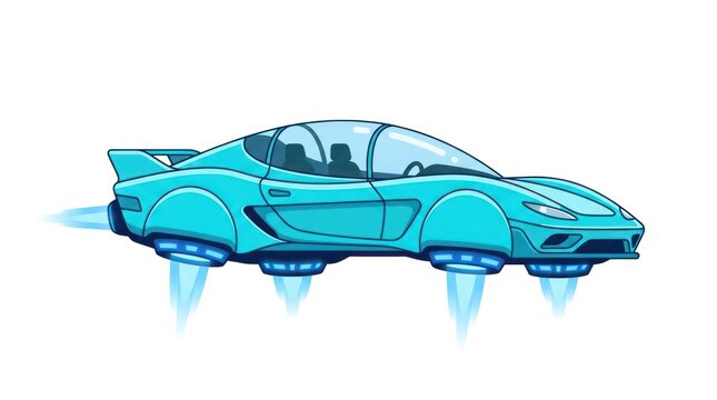 Futuristic cyan flying car with antigravity engines isolated on white
