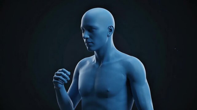 Blue human figure coughing with sore throat and chest pain