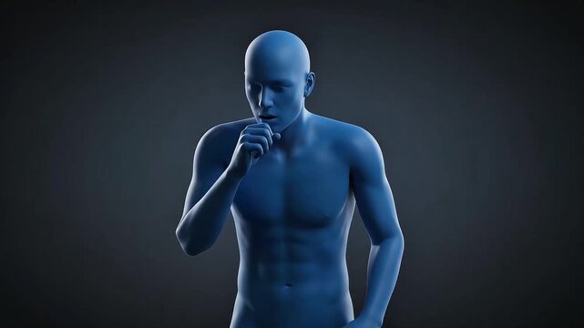 Blue human figure coughing with sore throat and chest pain