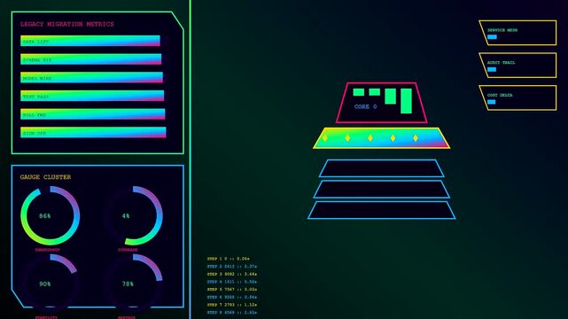 The ai integration process displays vibrant digital interfaces featuring animated data flow charts and circular progress indicators glowing against a dark moody screen console monitor setup