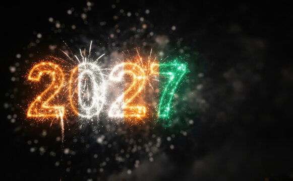 2027 New Year celebration with Ivory Coast flag fireworks in dark night sky