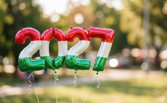 Hungarian flag colored 2027 number balloons for National Day celebration