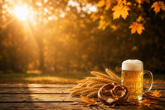 Traditional Oktoberfest feast with bratwurst, beer and pretzels top view.
