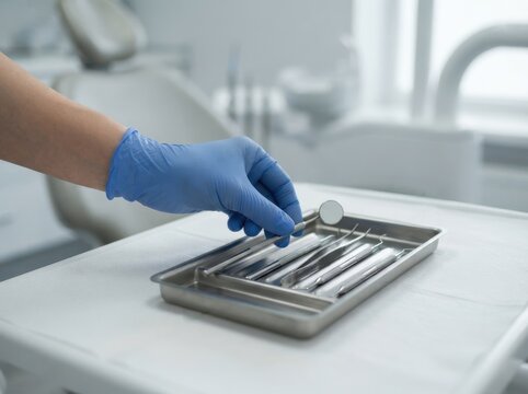 Dentist holding dental mirror over tray with tools in dental clinic