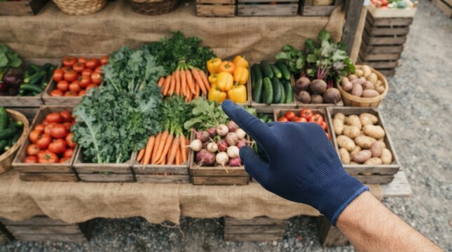 Vendor pointing at fresh vegetables at a local farmers market stand representing organic food shopping and sustainable agriculture