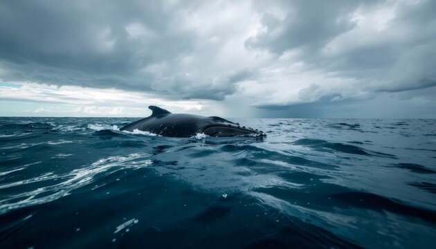 Humpback whale swimming in ocean under stormy sky