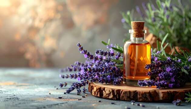 Lavender essential oil bottle with fresh flowers