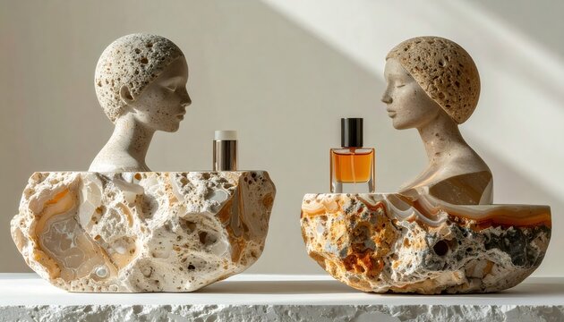 Scent stacking concept with stone busts and fragrances
