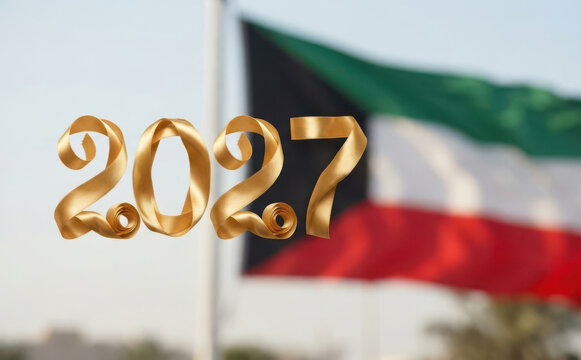 National day celebration in Kuwait 2027 with golden ribbon numbers and waving flag in background