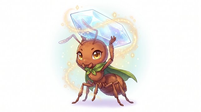 Ant Anime Cute Fantasy Character with Glowing Crystal and Golden Eyes