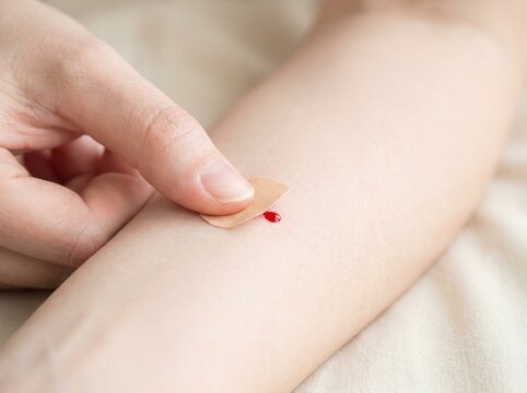Applying adhesive bandage on bleeding wound on arm of young woman