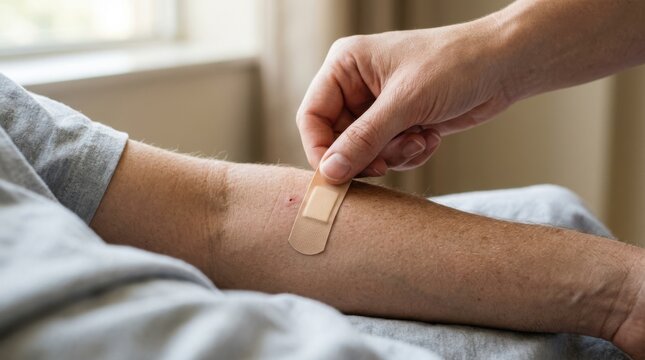 Nurse applying a small bandage to the arm of an adult male patient after a blood draw or vaccination in a clinic
