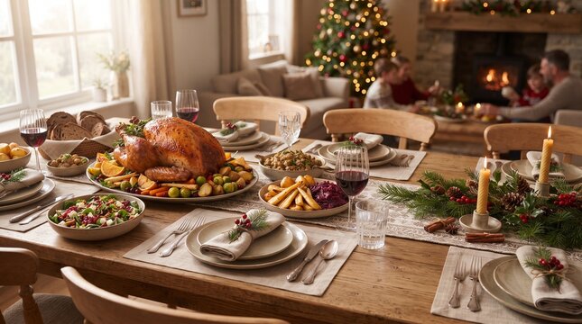 A festive Christmas dinner table laden with a golden-brown roasted turkey, assorted side dishes, and decorated with seasonal foliage, set in a warm.