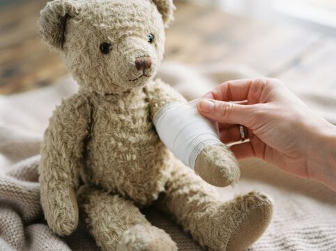 A caring hand bandaging the injured arm of a fluffy stuffed teddy bear toy representing child healing and recovery