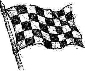 Obraz premium Checkered flag hand drawn sketch. Waving racing flag with checkered pattern on wooden pole. Grunge ink drawing vector illustration for motorsport, start, finish line, and speed concepts.